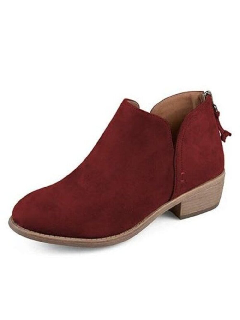 YDN Wine Red Women Stacked Mid Heels Ankle Bootie Almond Toe Block Low Heel Pump